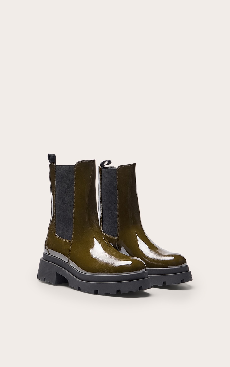 Khaki Patent Chunky Sole Chelsea Boots image 3
