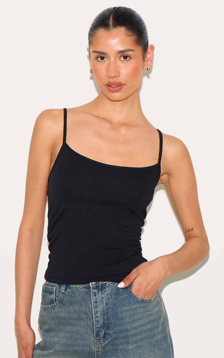 Tall Black Soft Cotton Strappy Vest Top image 1