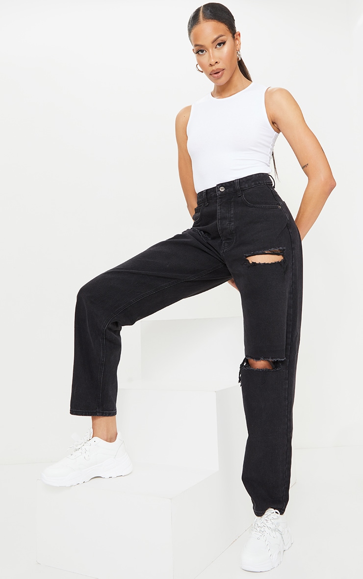 PRETTYLITTLETHING Tall Black Wash Open Knee Boyfriend Jeans
