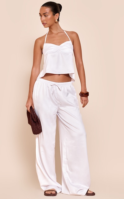Cream Satin Mid Rise Drawstring Wide Leg Pants