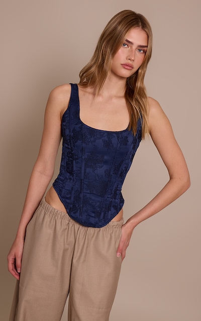 Navy Textured Satin Boned Dip Hem Longline Corset