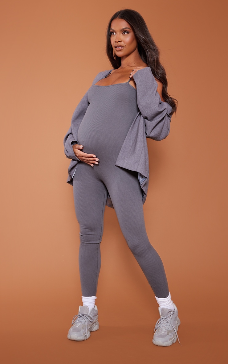 Maternity Steel Blue Snatched Ribbed Strappy Jumpsuit image 3