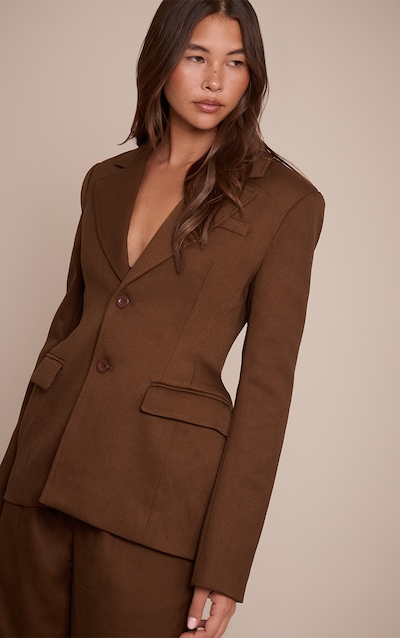 Chocolate Tailored Woven Cinched Waist Plunge Blazer