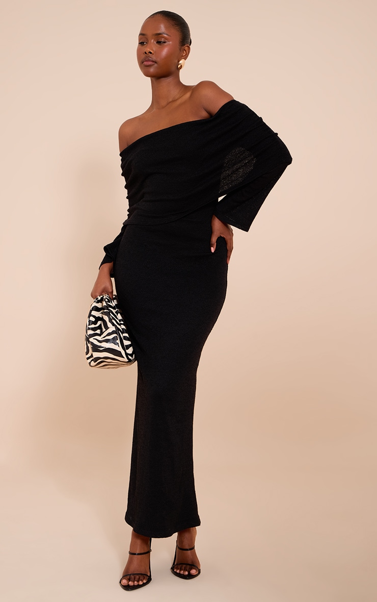 Black Textured Bardot Foldover Maxi Dress image 3