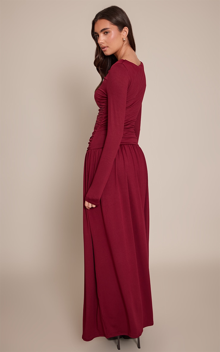 Wine Soft Touch Jersey Ruched Long Sleeve Maxi Dress image 2