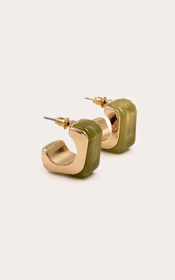 Green Marble Effect Squared Hoop Earrings image 2