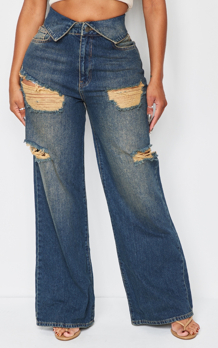 Shape Indigo Blue Wash Denim Foldover Waist Ripped Wide Leg Jeans image 2