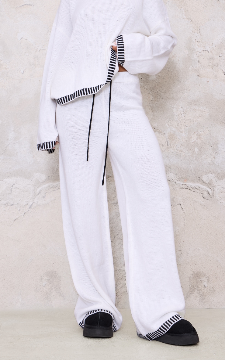 Cream Contrast Stitch Detail Knit Drawstring Waist Trousers image 2