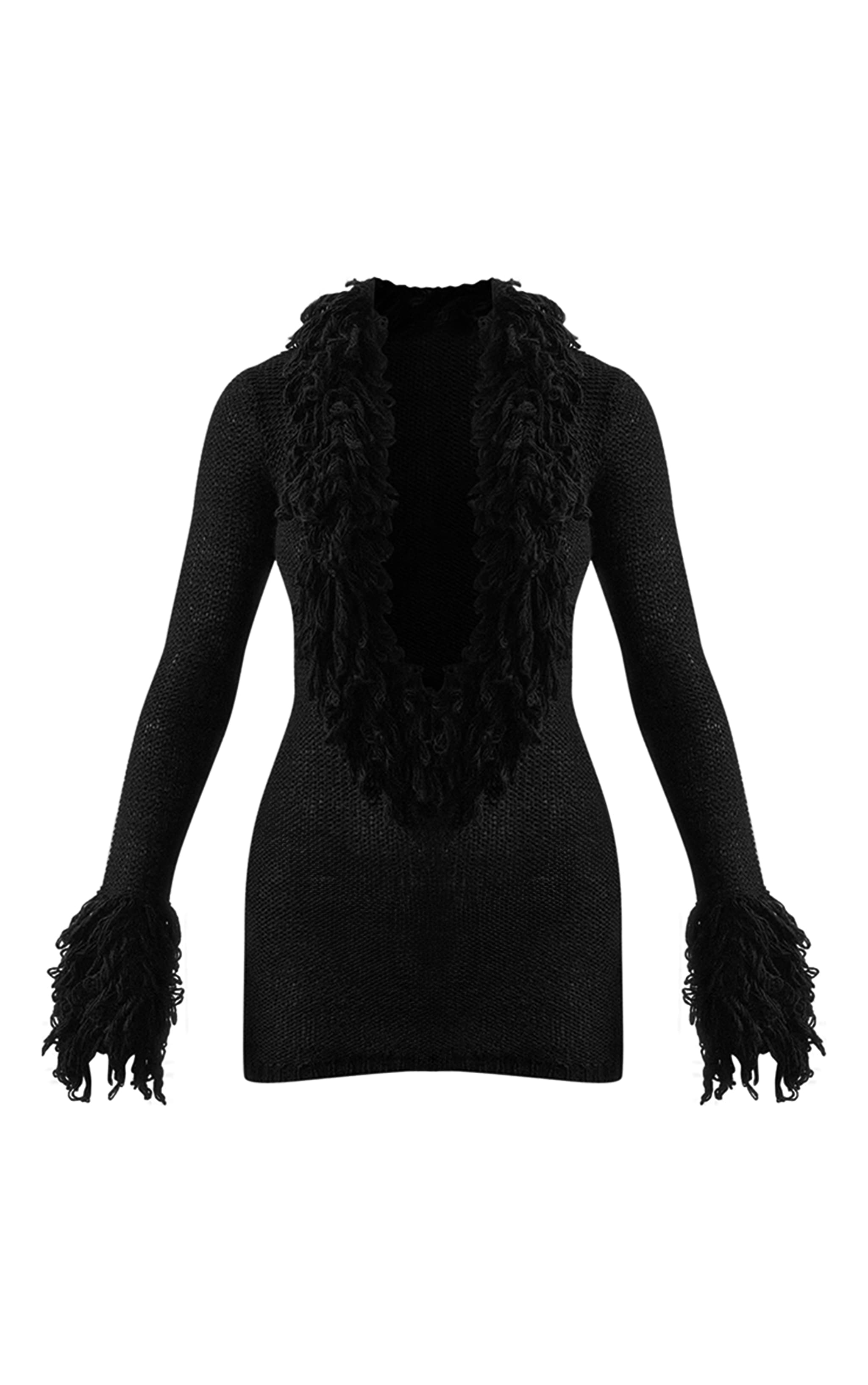 PLT Label Black Knitted Plunge Looped Mini Dress image 5