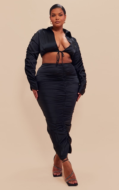 Plus Black Ruched Satin Midaxi Skirt