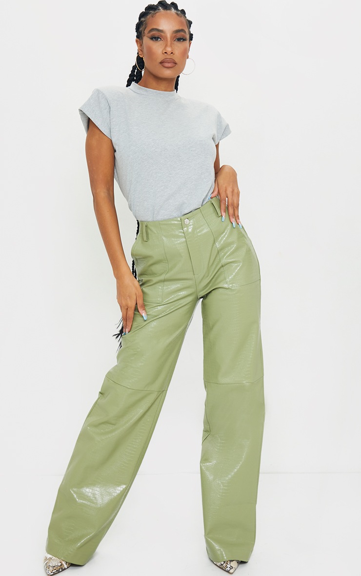 Khaki Vinyl Croc Stitch Detail Wide Leg Pants