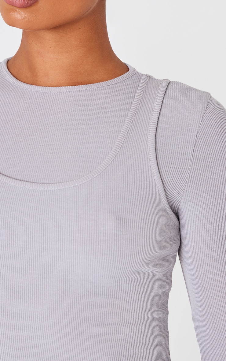 Grey Marl Ribbed Double Layer Detail Long Sleeve Top image 4