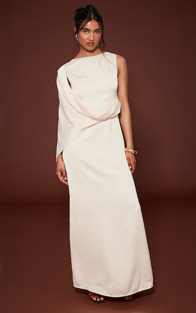 Cream Asymmetric Cape Detail Boat Neck Maxi Dress