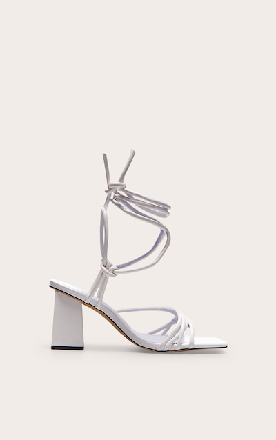 White Pu Square Toe Strappy Low Block Heeled Sandals