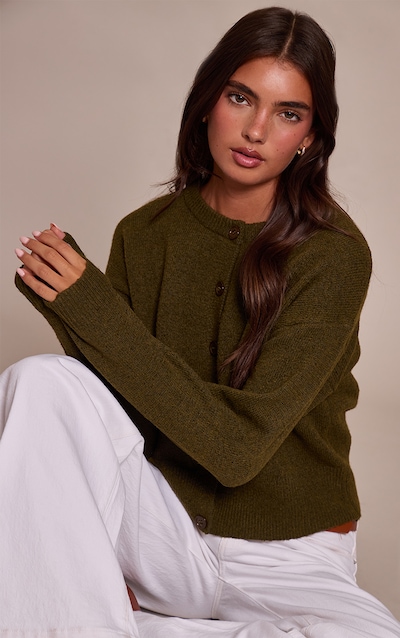 Khaki Crew Neck Knit Cardigan
