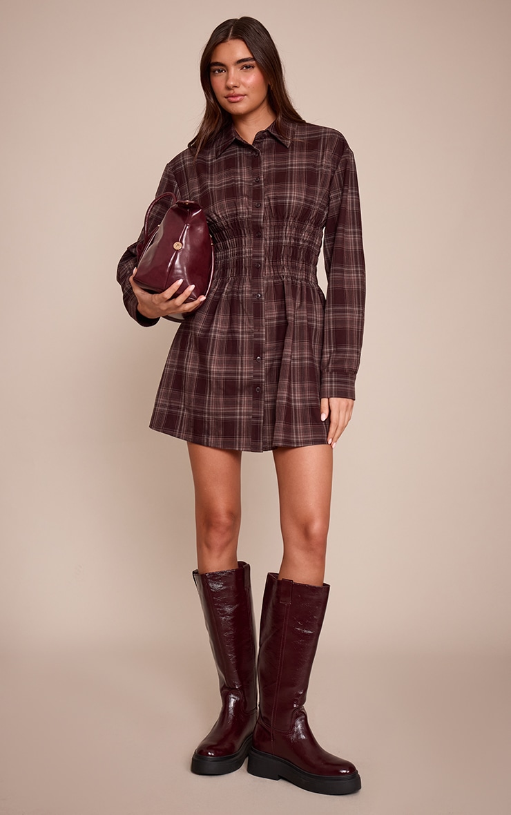 Brown Check Cinched Waist Long Sleeve Shirt Dress image 3
