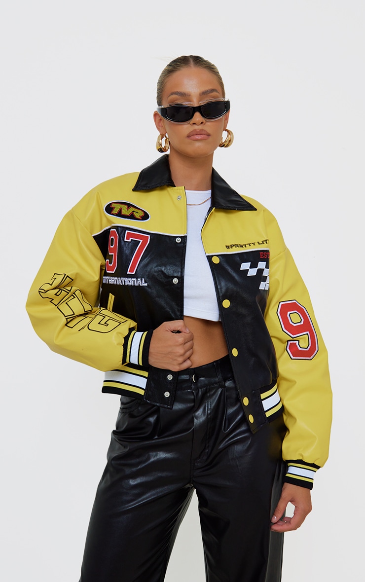 PRETTYLITTLETHING Yellow Faux Leather Motocross Racer Bomber Jacket image 1