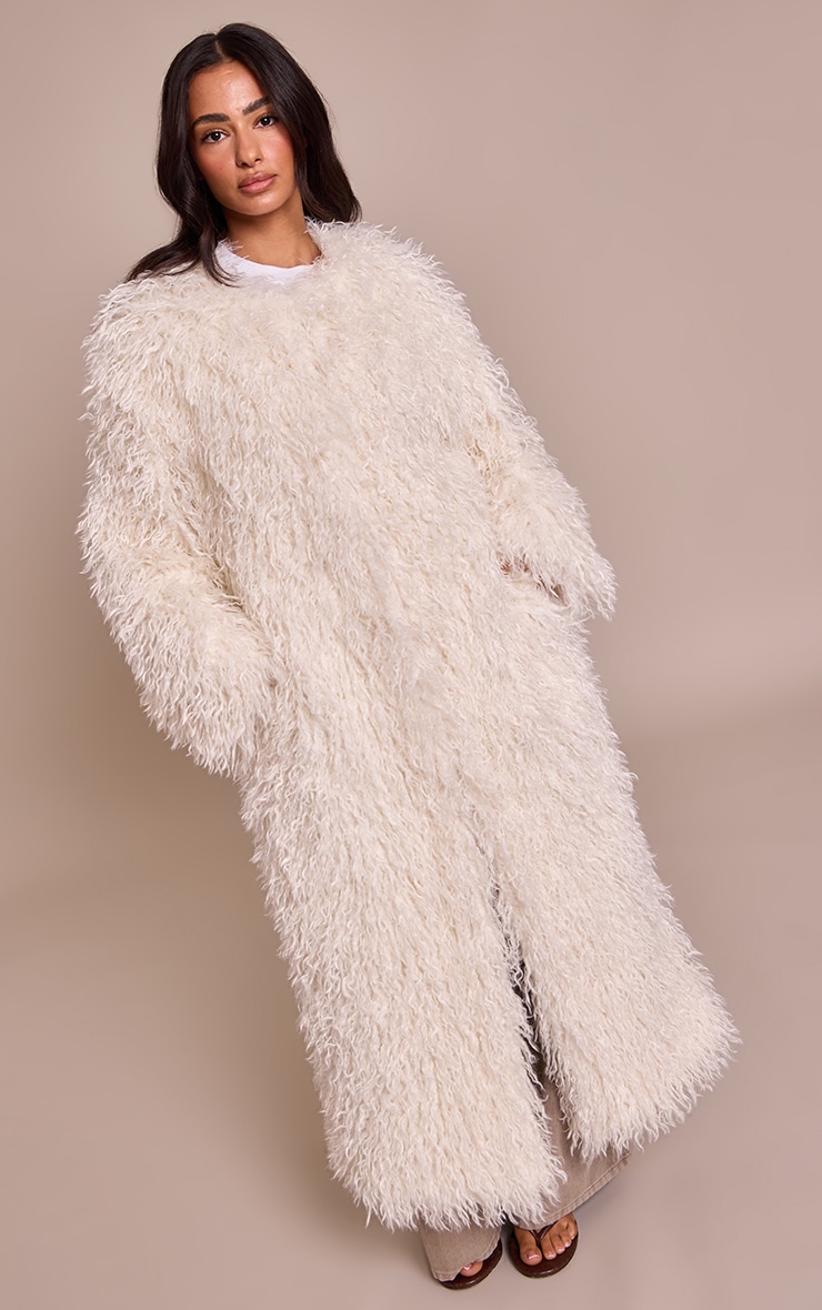 Petite Cream Faux Mongolian Fur Collarless Maxi Coat