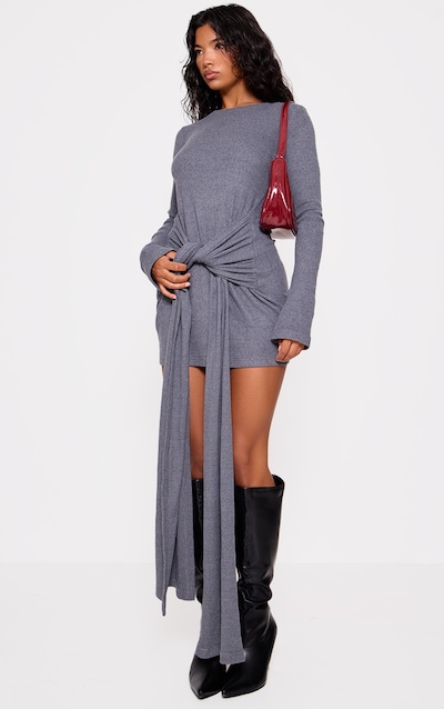 Robe moulante épaisse côtelée gris anthracite brossée à détail noué