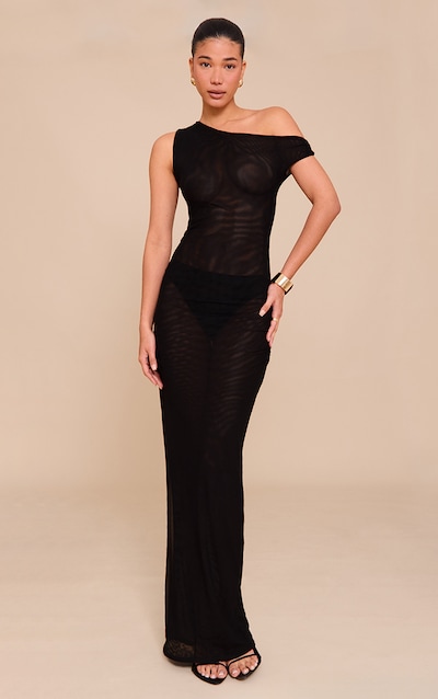 Robe longue en mesh doublé noir à col asymétrique