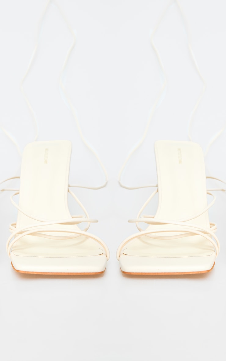 Cream PU Square Toe Strappy Lace Up Heeled Sandals image 3