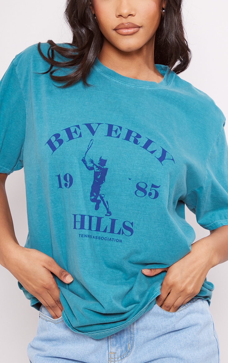 PRETTYLITTLETHING Teal Washed Beverley Hills Print T Shirt image 4