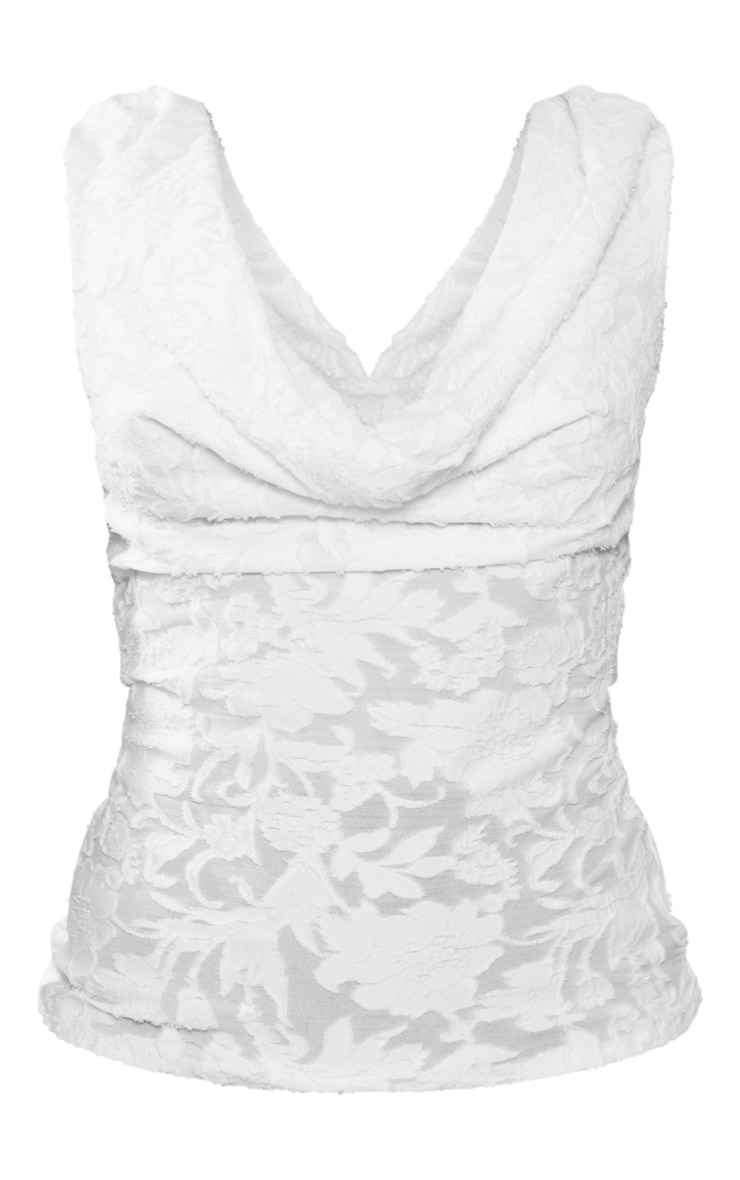 White Textured Floral Cowl Front And Back Long Top image 1