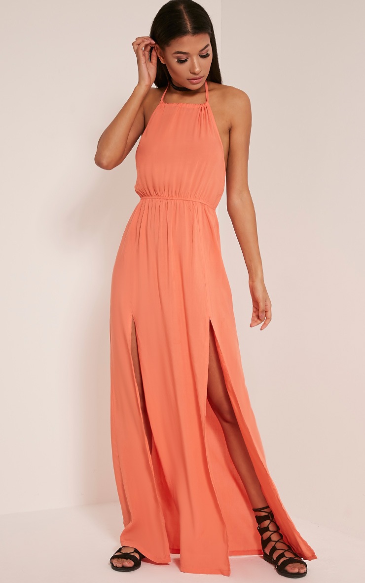 Rochelle Peach Halterneck Split Front Maxi Dress PrettyLittleThing