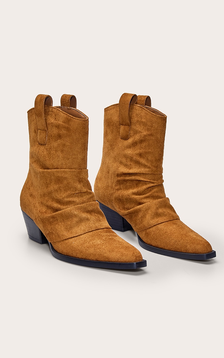 Tan Suede Ruched Western Ankle Boot image 3