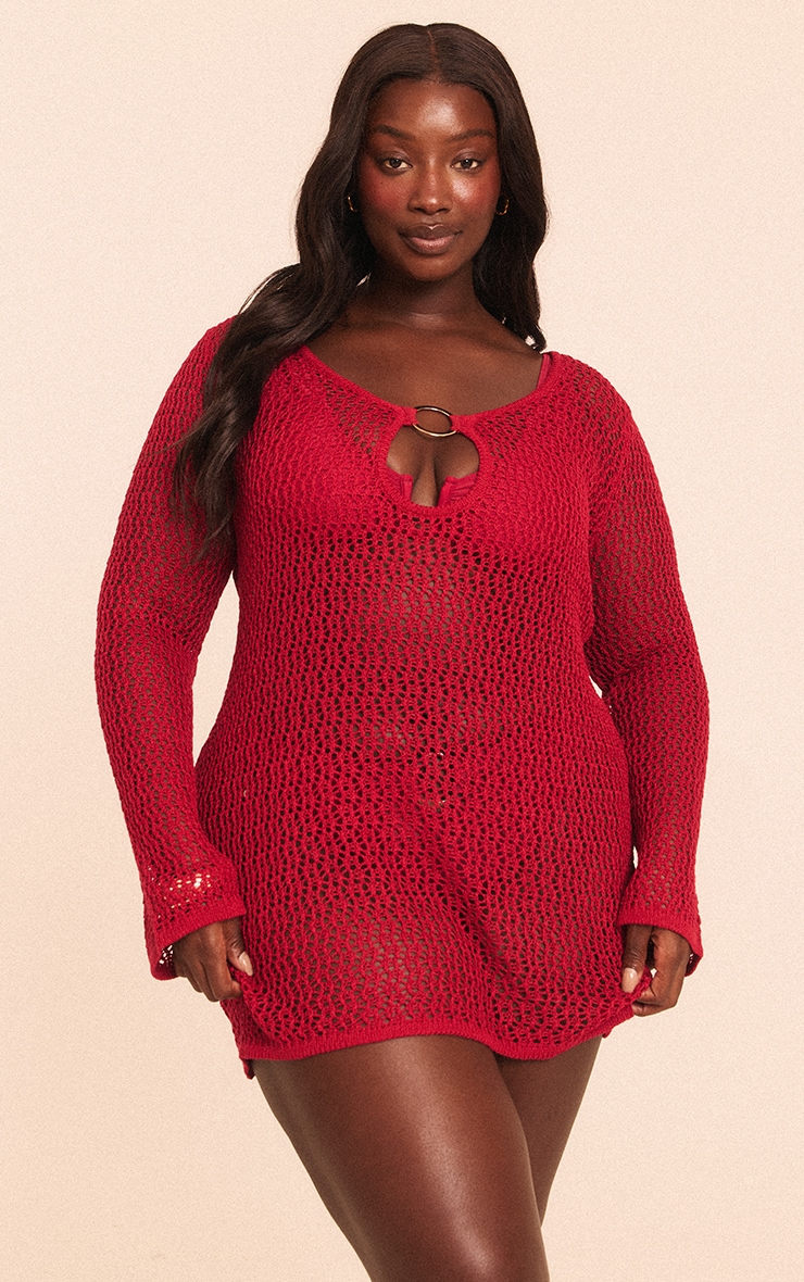 Plus Burgundy Crochet O Ring Mini Beach Dress image 1