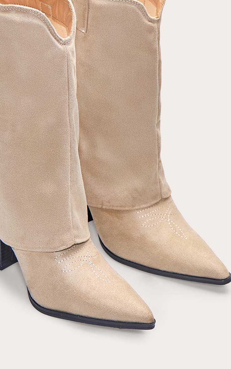 Stone Faux Suede Point Toe Fold Over Western Heeled Ankle Boots image 5