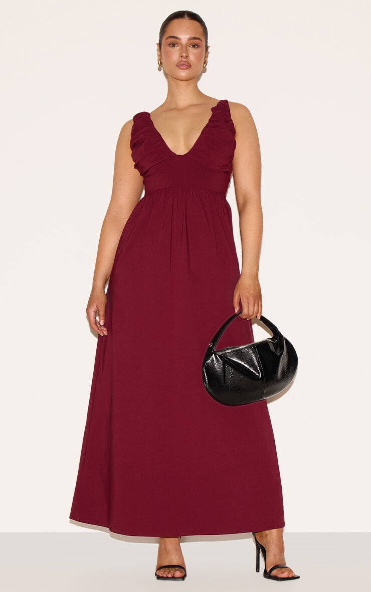 Shape Wine Stretch Woven Ruched Plunge Front Maxi Dress image 1