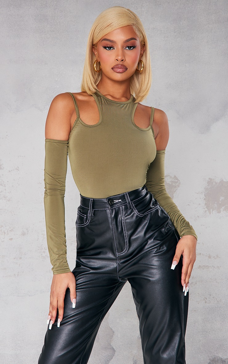Olive Slinky Strappy Cold Shoulder Bodysuit
