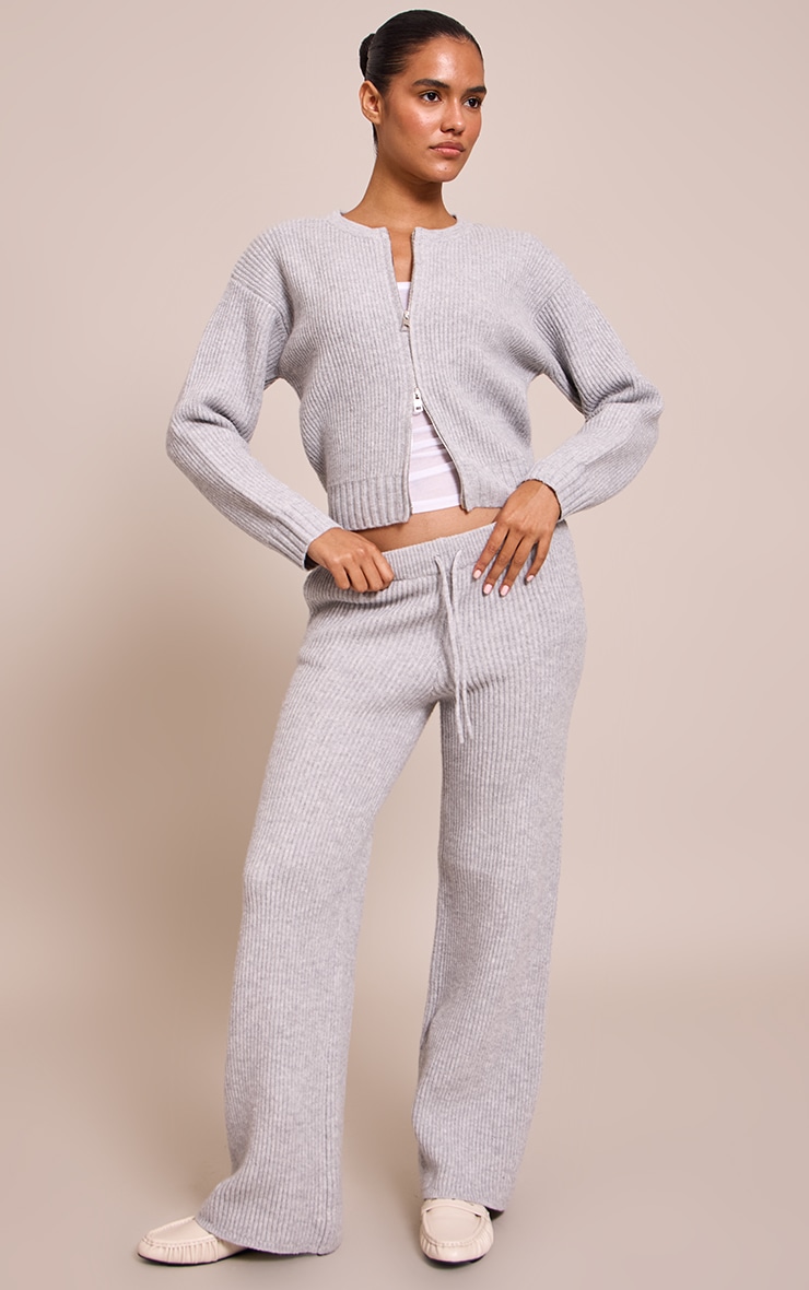 Soft Grey Brushed Rib Knit Zip Through Cardigan image 3