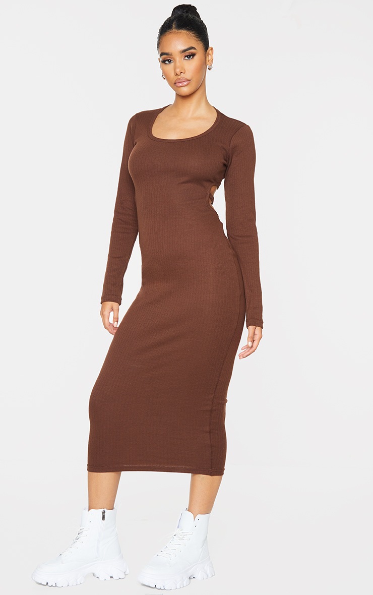 Chocolate Rib Cut Out Strap Back Detail Midaxi Dress image 3