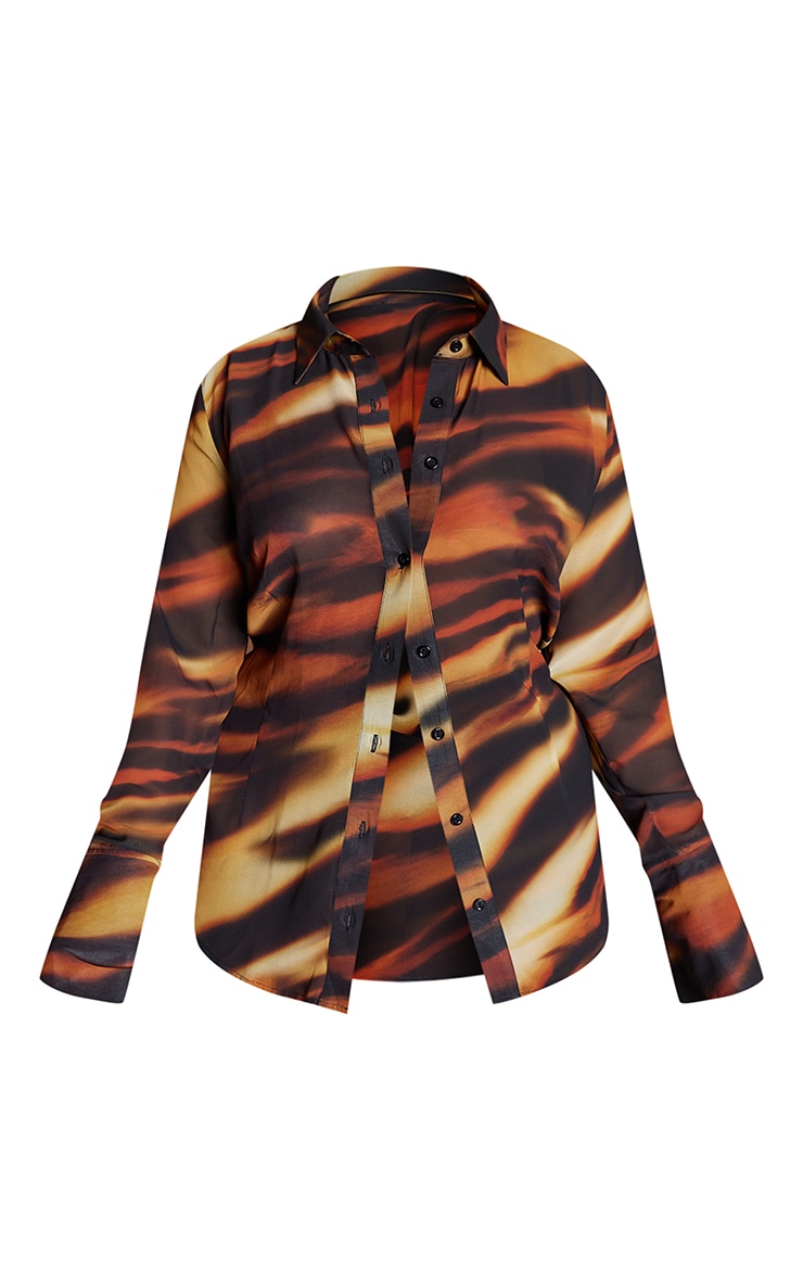 Plus Brown Tiger Printed Fitted Chiffon Plunge Shirt image 6