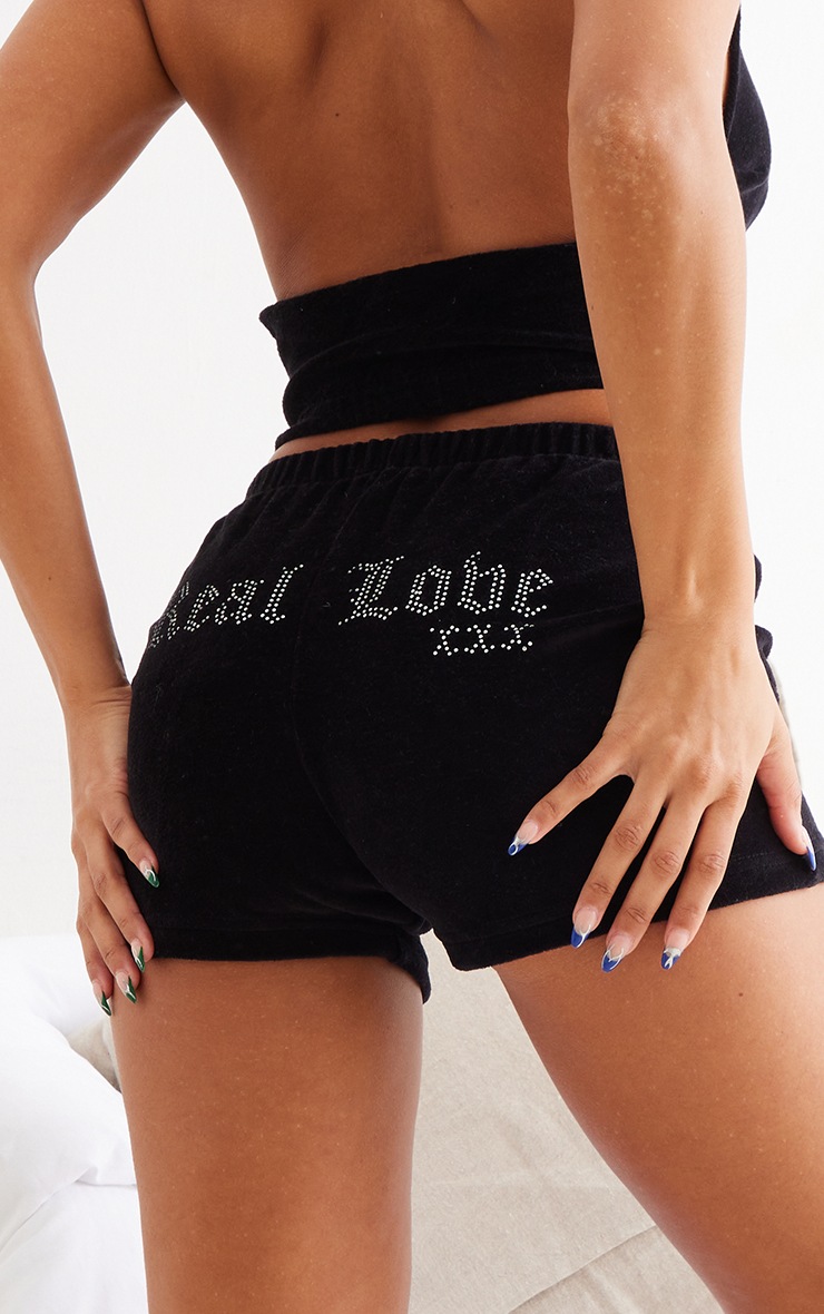 Short de pyjama en velours noir à slogan Real Love en strass image 5