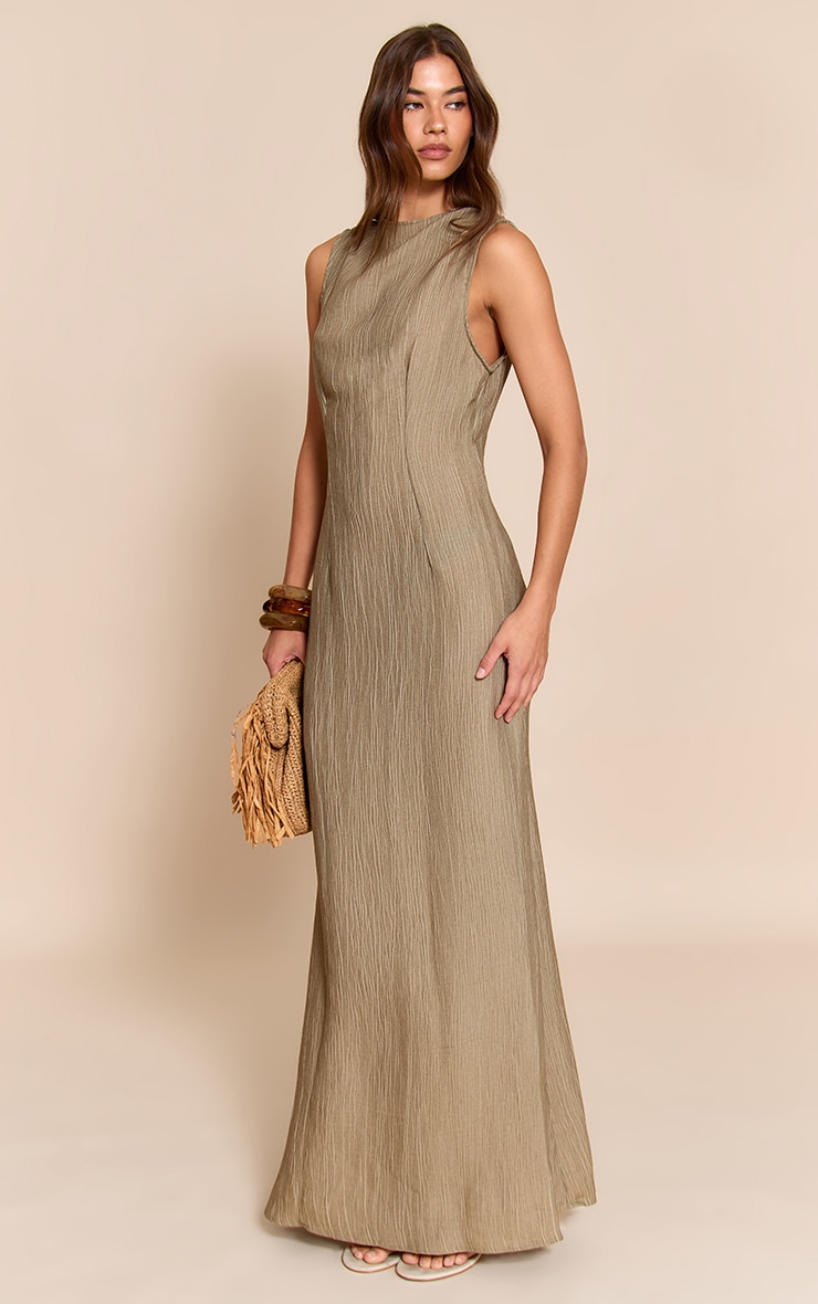 Khaki Textured Boat Neck Maxi Dress image 3
