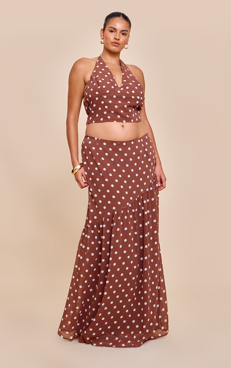 Plus Chocolate Polka Dot Halterneck Chiffon Top image 3