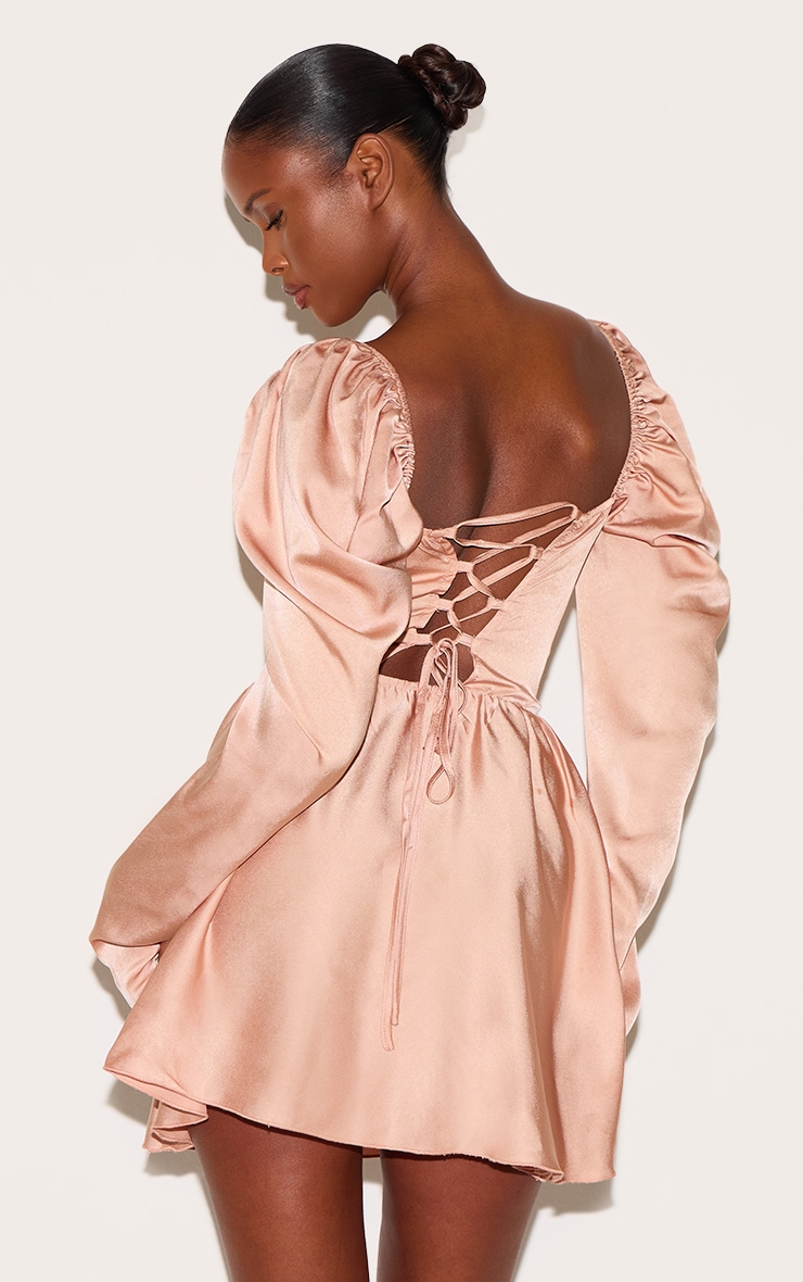 Dusty Peach Satin Corset Detail Puffball Skater Dress image 2
