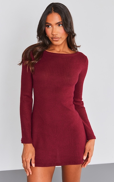Cherry Red Brushed Rib Flared Sleeve Shift Dress