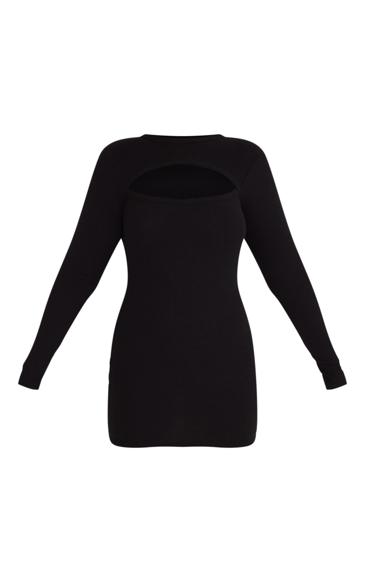 Black Rib Cut Out Detail Long Sleeve Bodycon Dress image 5