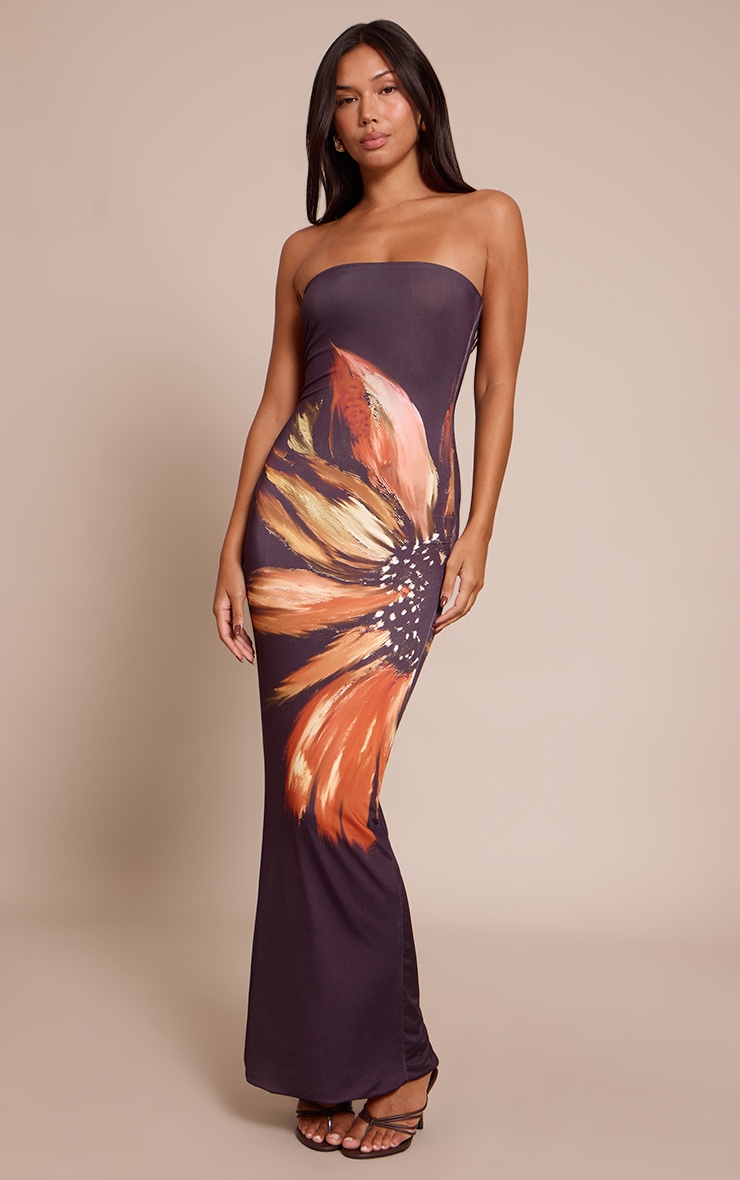 Black Flower Print Bandeau Maxi Dress image 3