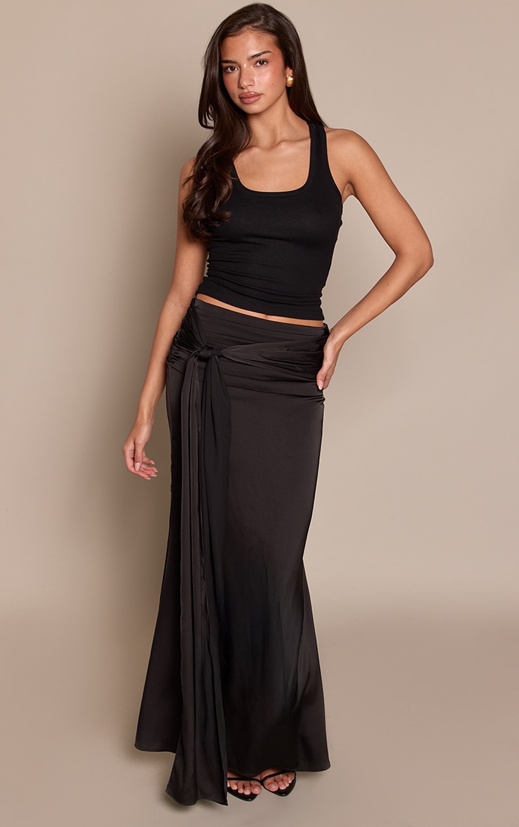 Black Satin Knot Drape Maxi Skirt image 2