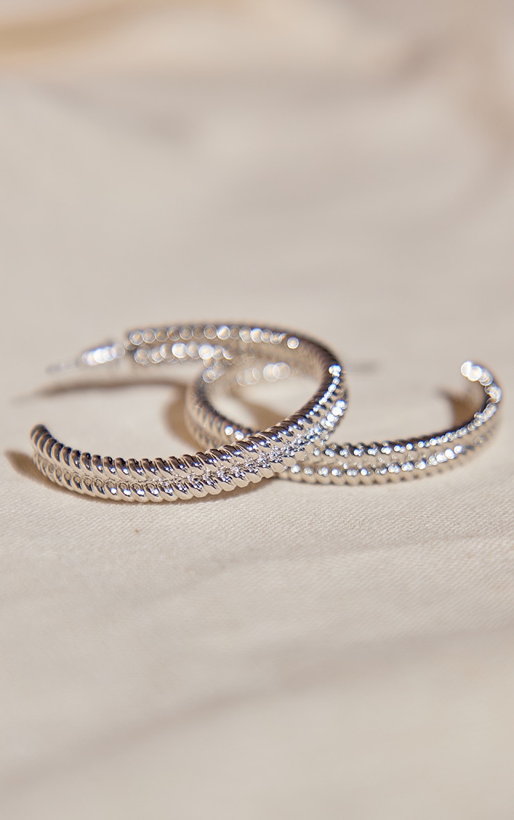 Silver Textured Twist Medium Hoop Earrings image 3