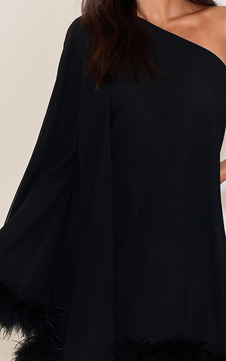Black Chiffon One Shoulder Feather Detail Shift Dress image 4