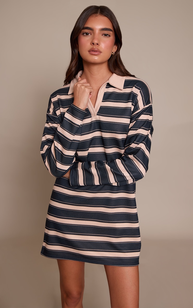 Black Contrast Striped Collar Detail Long Sleeve Shift Dress image 1