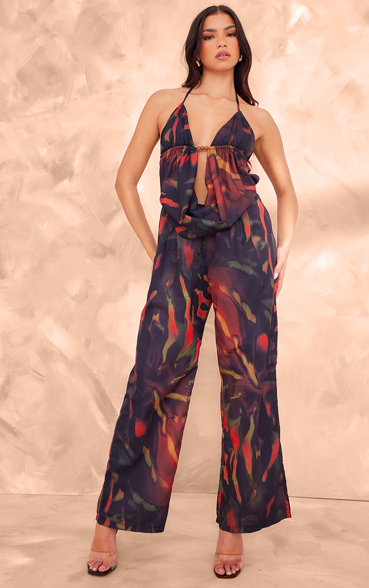 Black Leaf Printed Cowel Detail Halter Neck Jumpsuit image 1