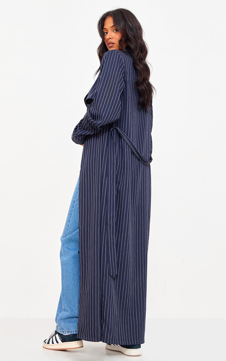 Tall Navy Pinstripe Tie Belt Maxi Trench Coat image 2