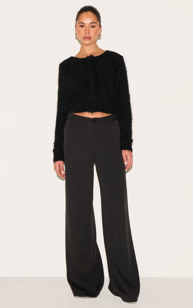 Black Textured Fluffy Knit Button Up Cardigan image 3